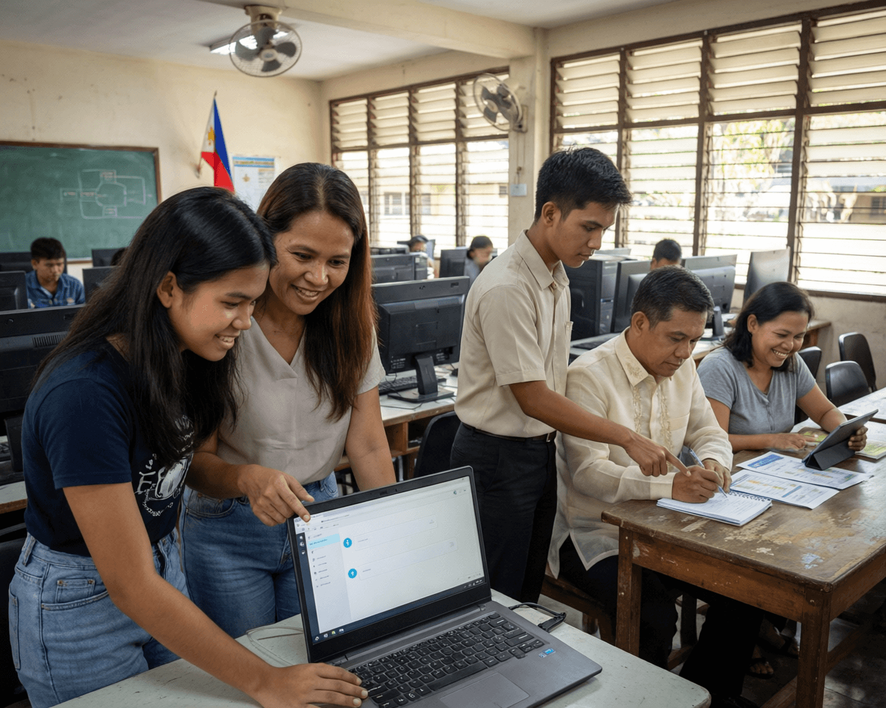 State university students and a faculty member learning AI tools together at a laptop, with an LGU staff member and a small business owner joining the same community training