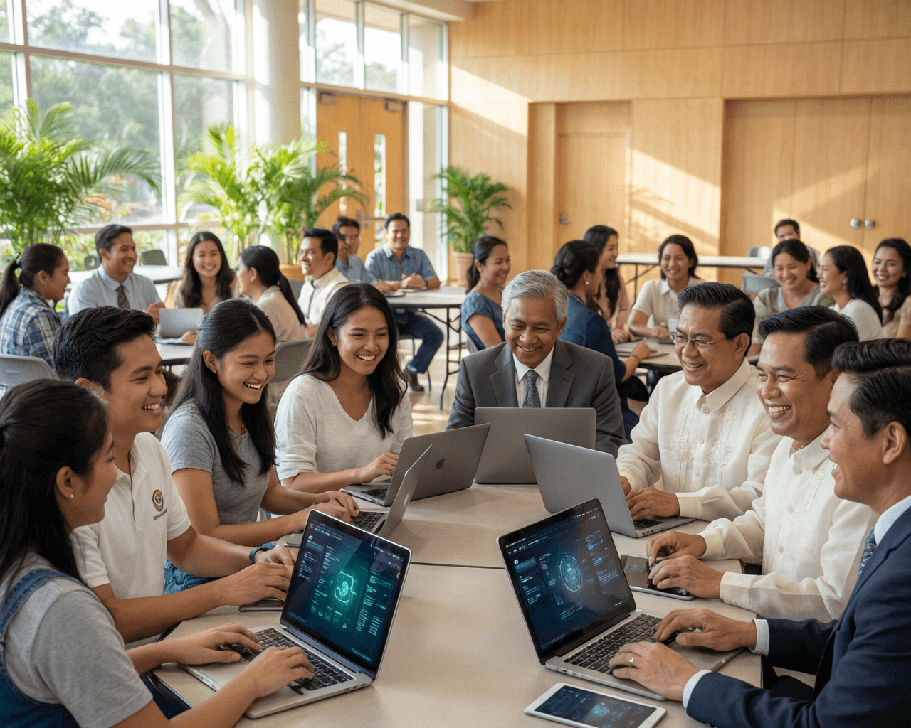 Filipino community members collaborating on AI tools in a workshop setting