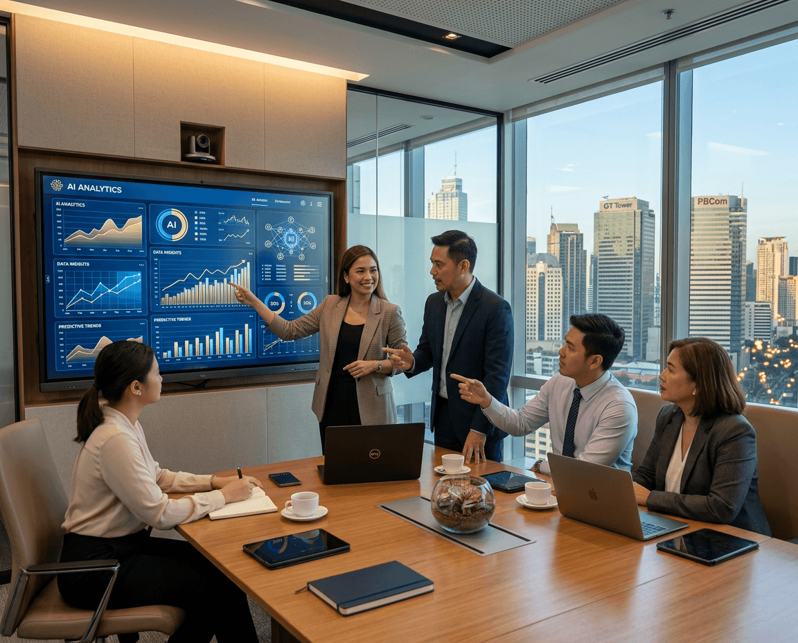 Business team reviewing AI-powered analytics on a screen