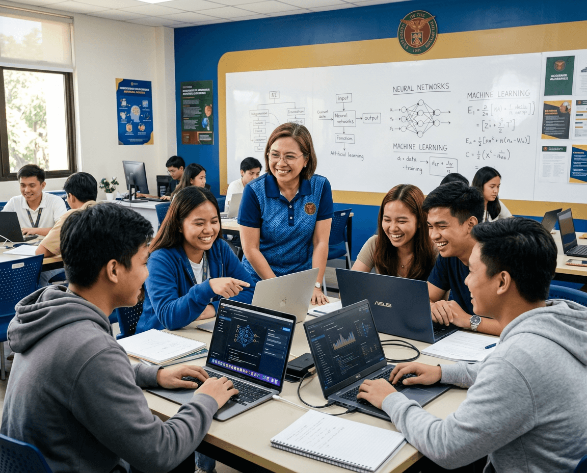 Students and faculty using AI tools in a university classroom