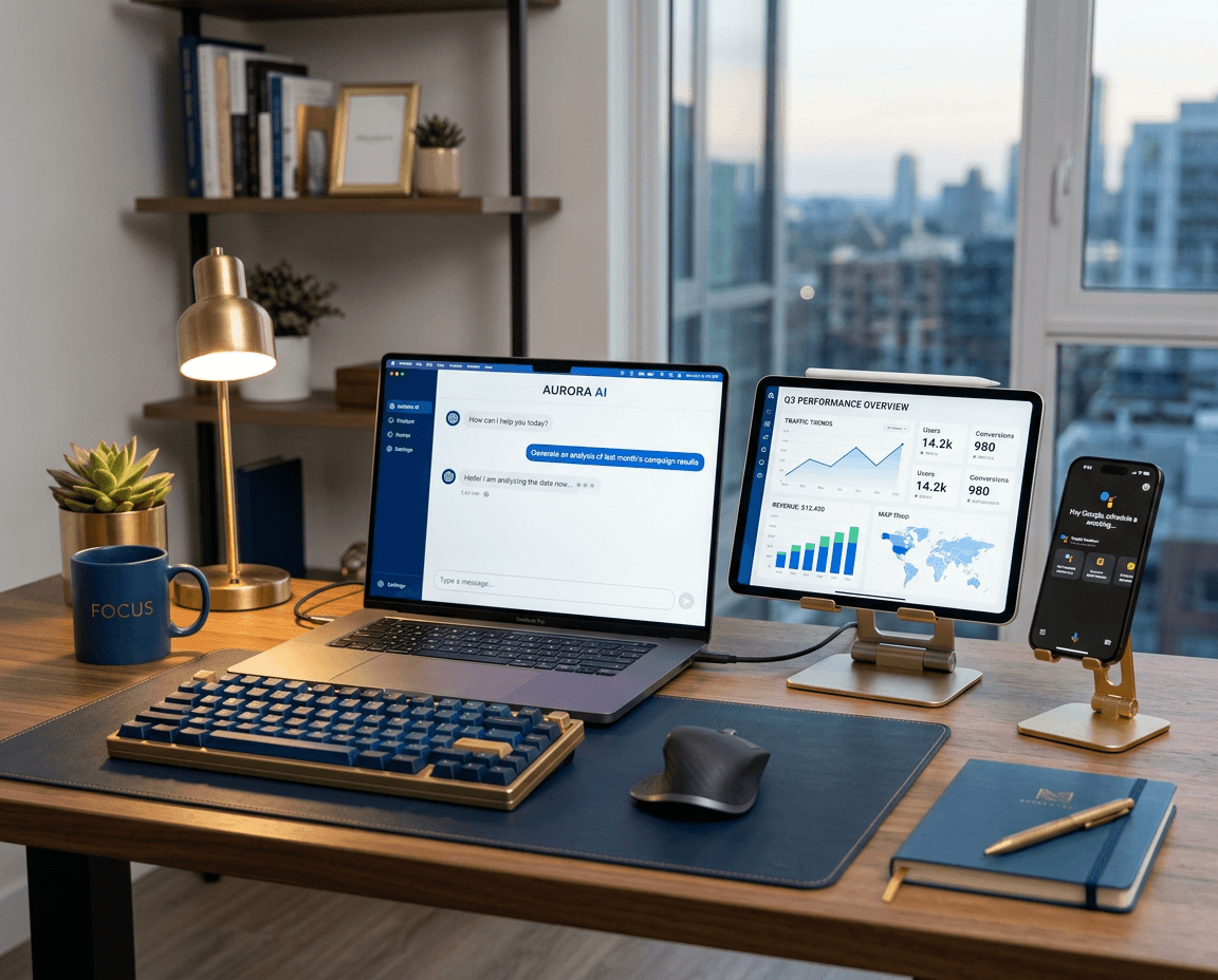 Desk setup showing AI assistant tools and analytics on multiple devices
