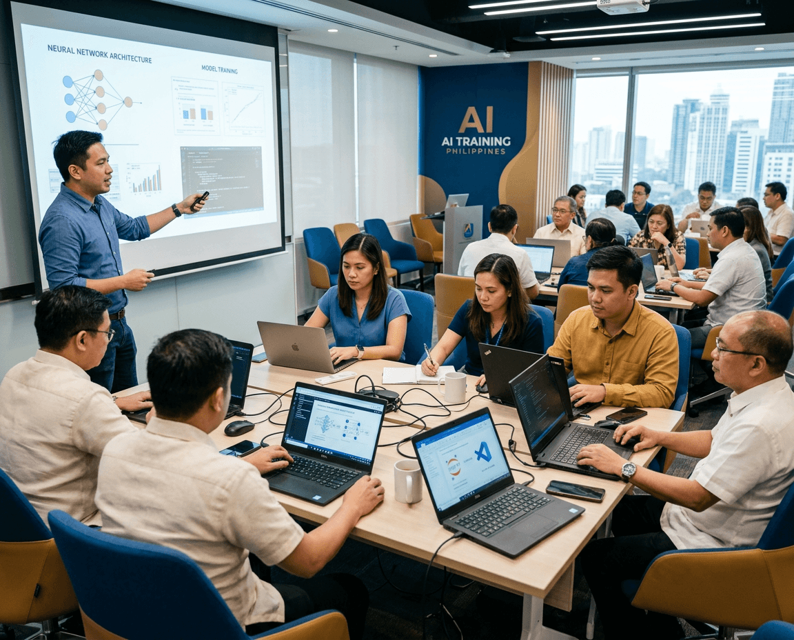 Facilitator leading a hands-on AI workshop in a conference room